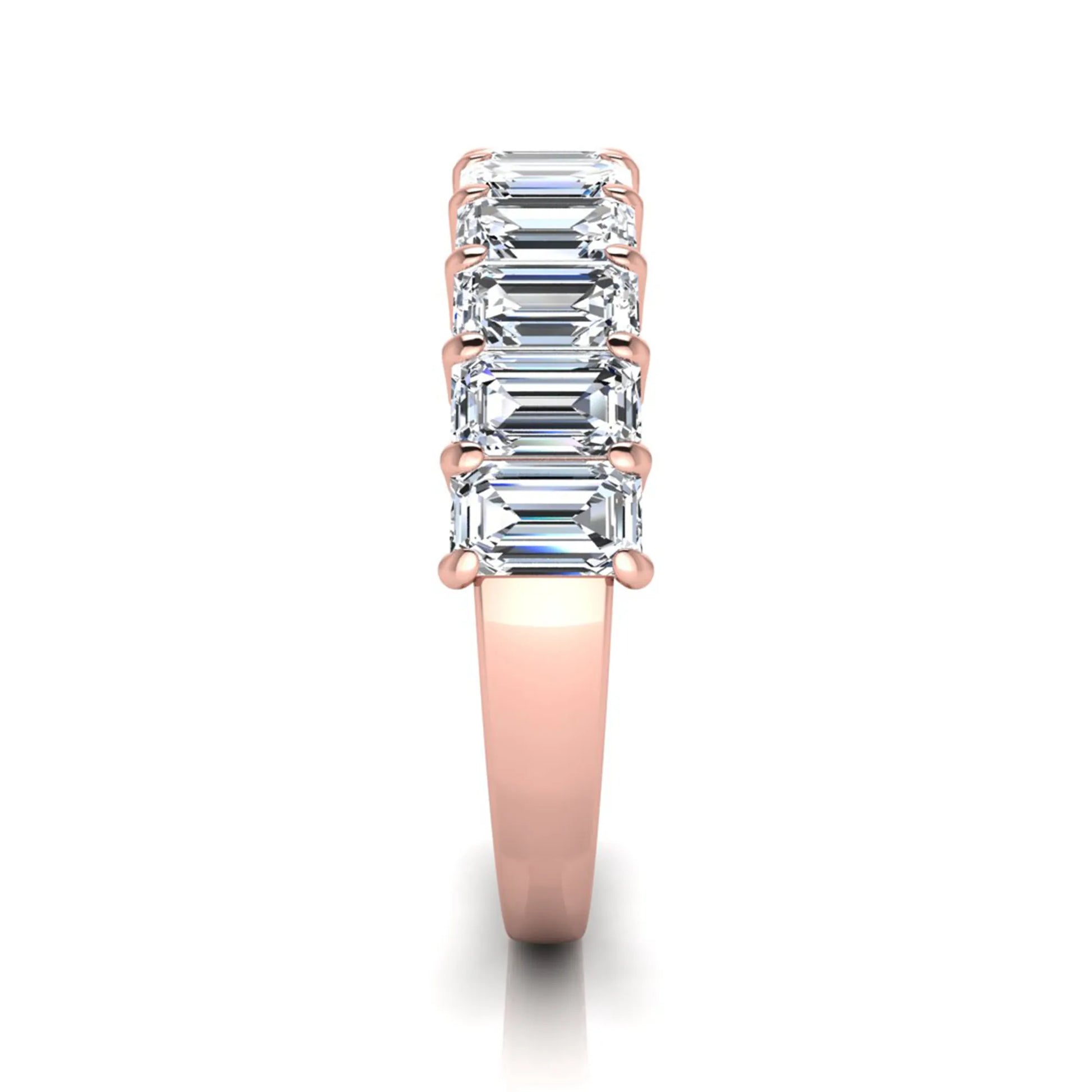 Emerald cut lab grown diamond half eternity band featuring shared prong set diamonds in a rose gold tone finish.