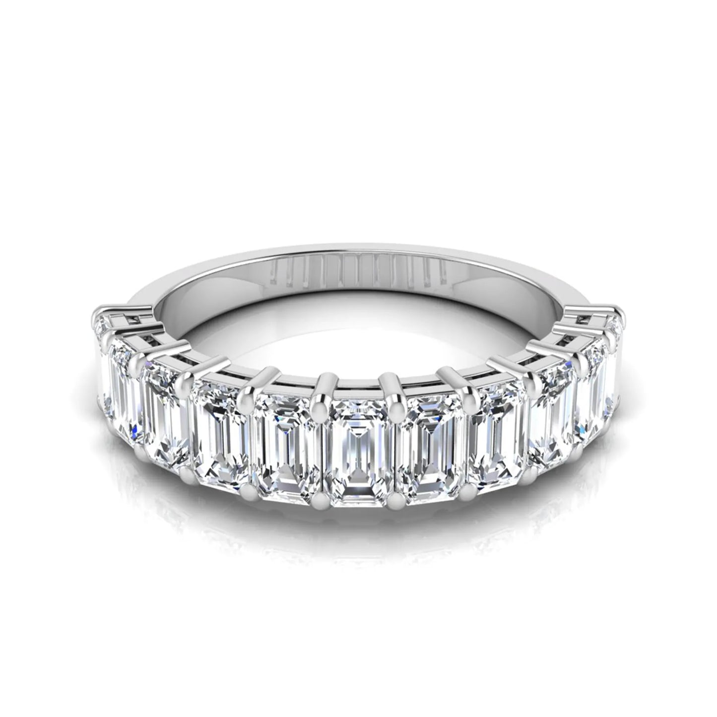 Emerald cut lab grown diamond half eternity band featuring shared prong set diamonds in a white gold tone finish.