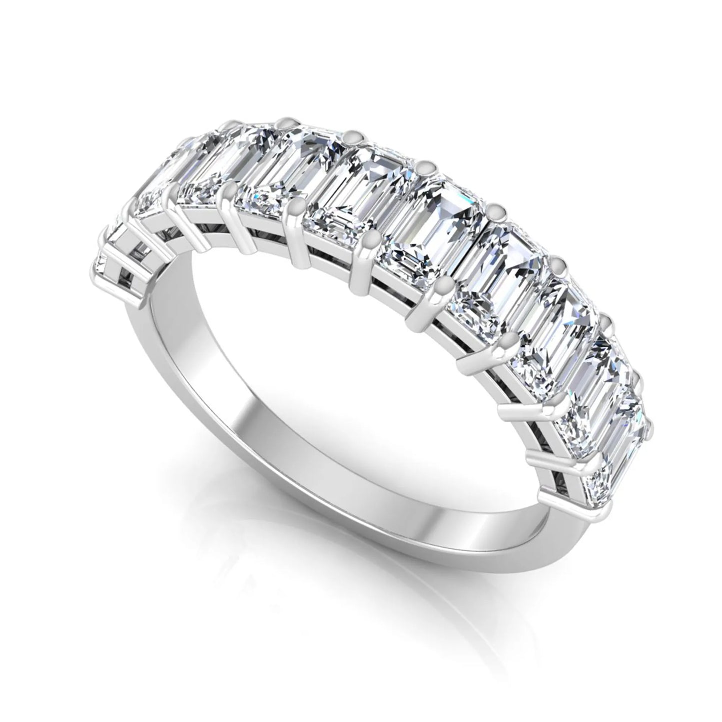 Emerald cut lab grown diamond half eternity band featuring shared prong set diamonds in a white gold tone finish.