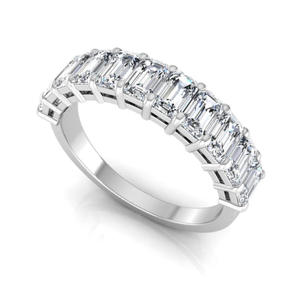 Emerald cut lab grown diamond half eternity band featuring shared prong set diamonds in a white gold tone finish.