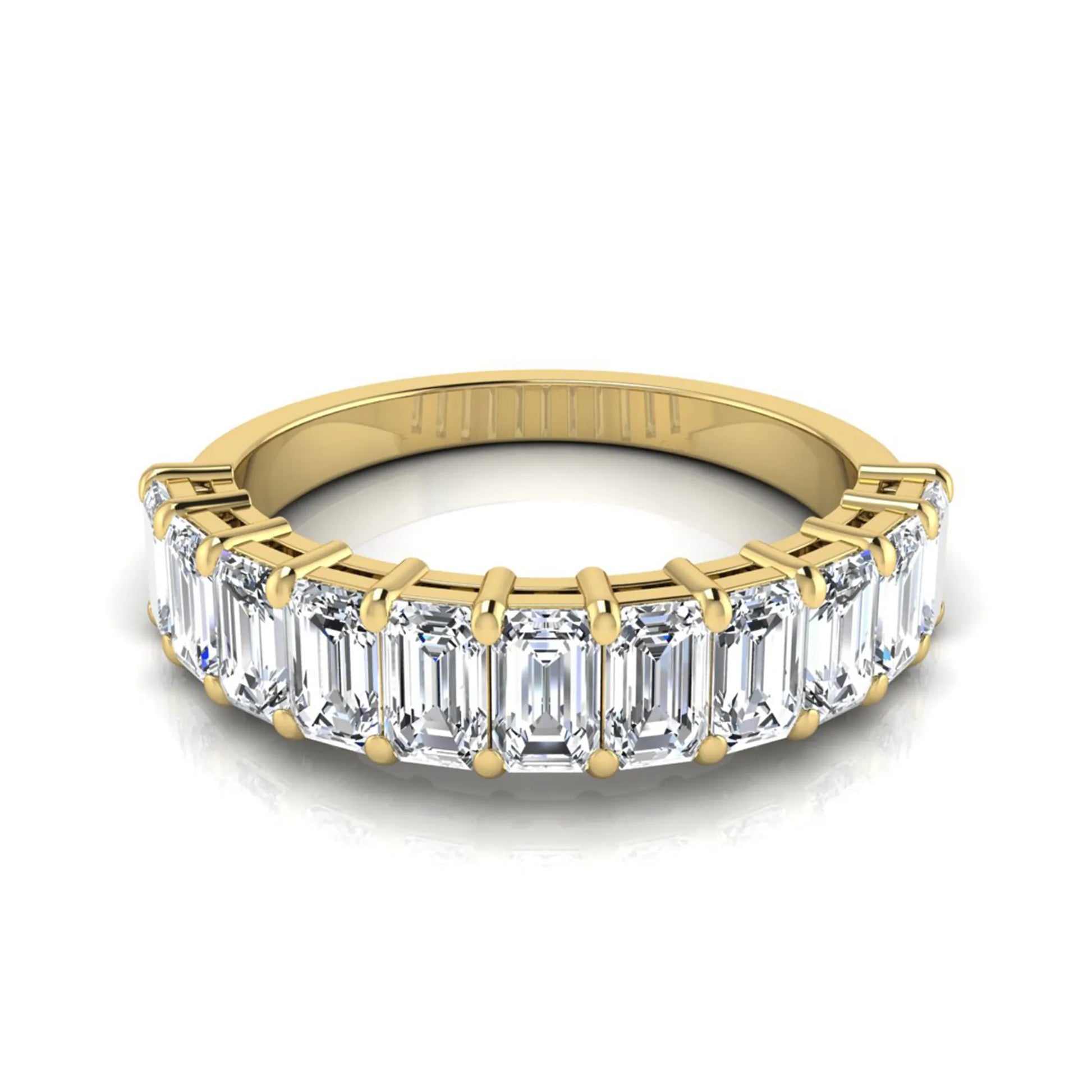 Emerald cut lab grown diamond half eternity band featuring shared prong set diamonds in a yellow gold tone finish.