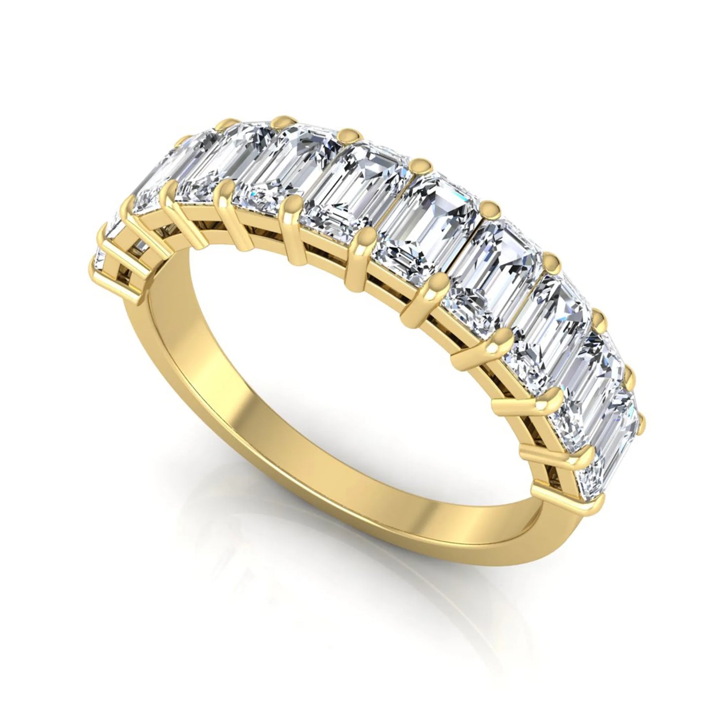 Emerald cut lab grown diamond half eternity band featuring shared prong set diamonds in a yellow gold tone finish.