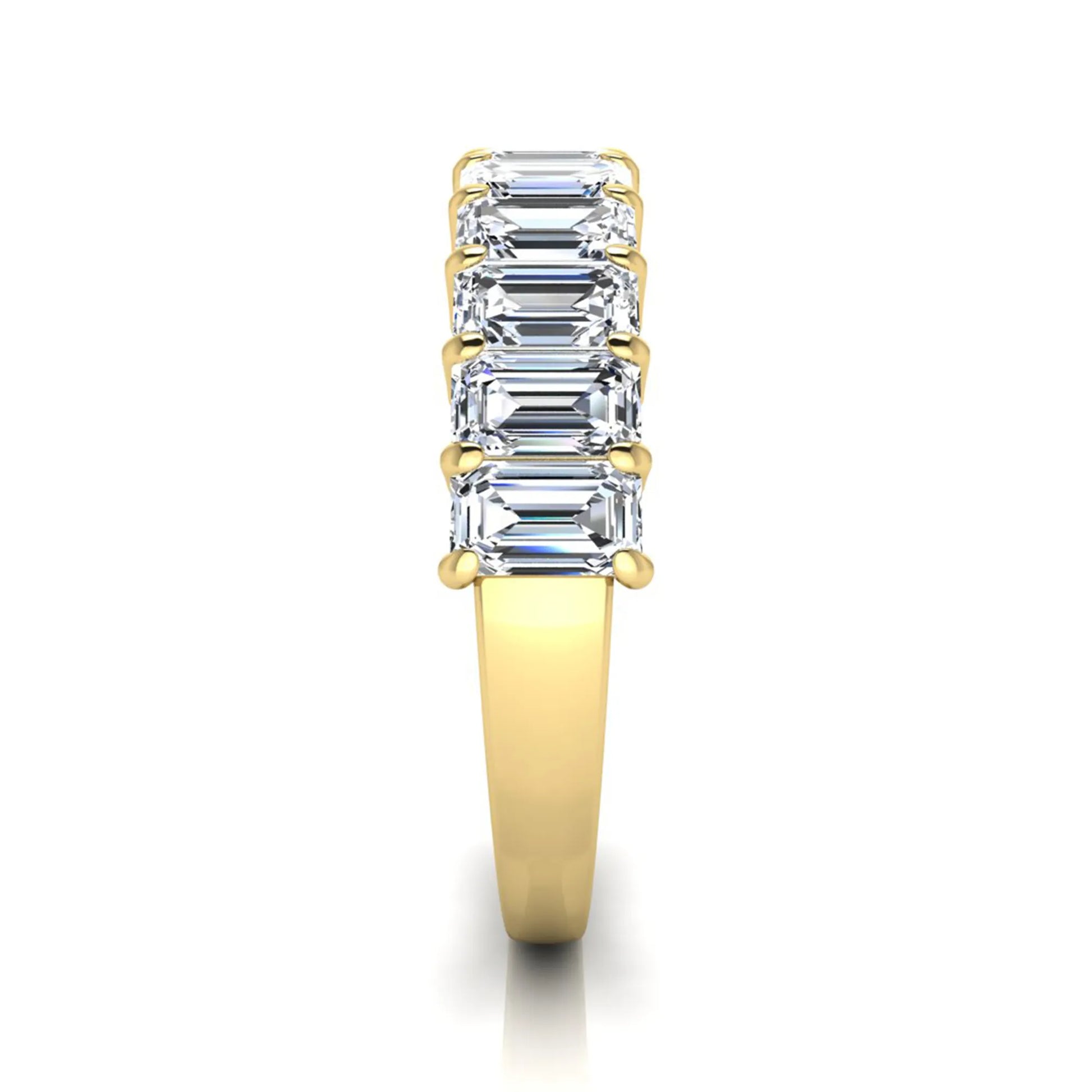 Emerald cut lab grown diamond half eternity band featuring shared prong set diamonds in a yellow gold tone finish.