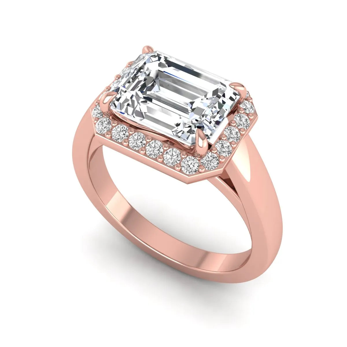 IGI certified emerald cut lab grown diamond halo engagement ring with round diamond halo in rose gold.