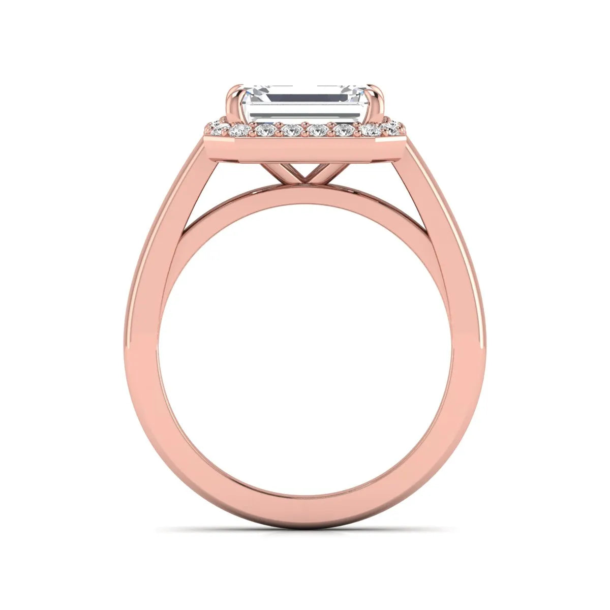IGI certified emerald cut lab grown diamond halo engagement ring with round diamond halo in rose gold.