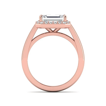 IGI certified emerald cut lab grown diamond halo engagement ring with round diamond halo in rose gold.