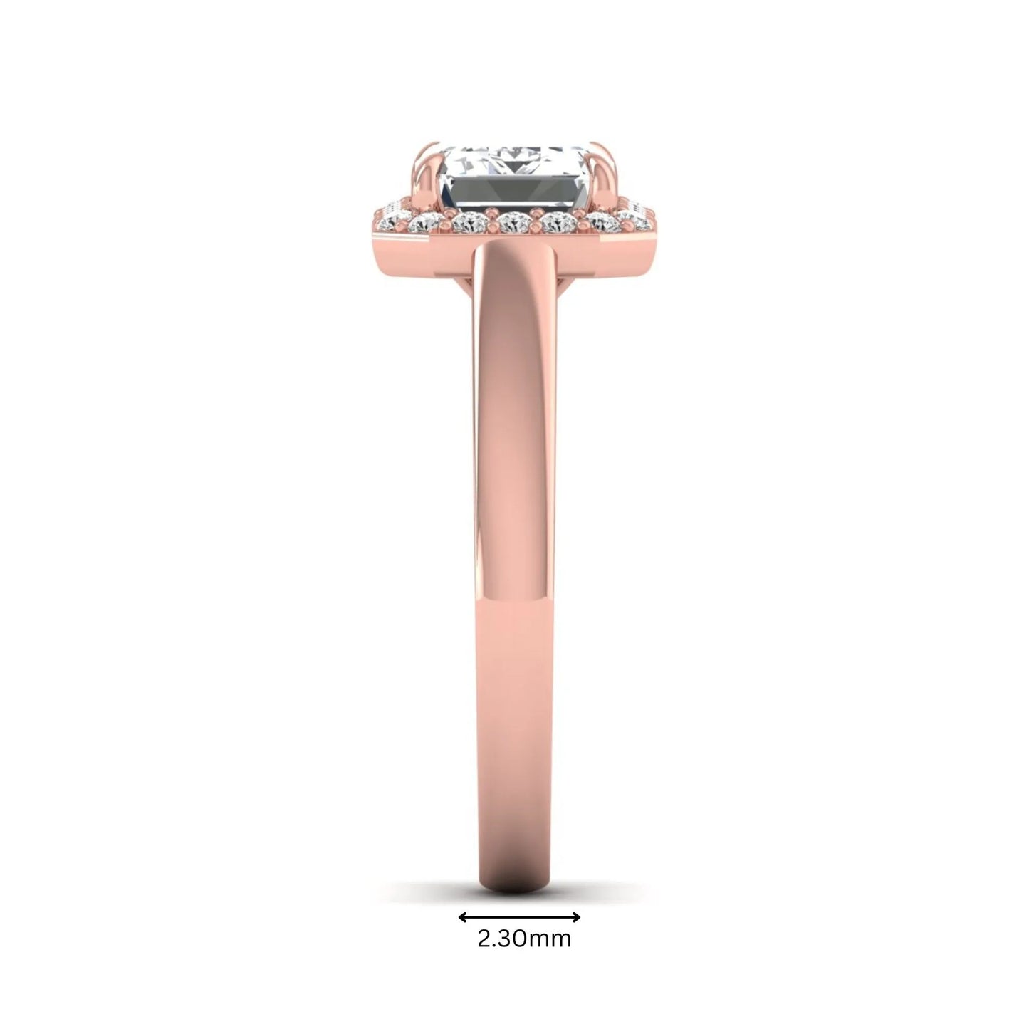 IGI certified emerald cut lab grown diamond halo engagement ring with round diamond halo in rose gold.