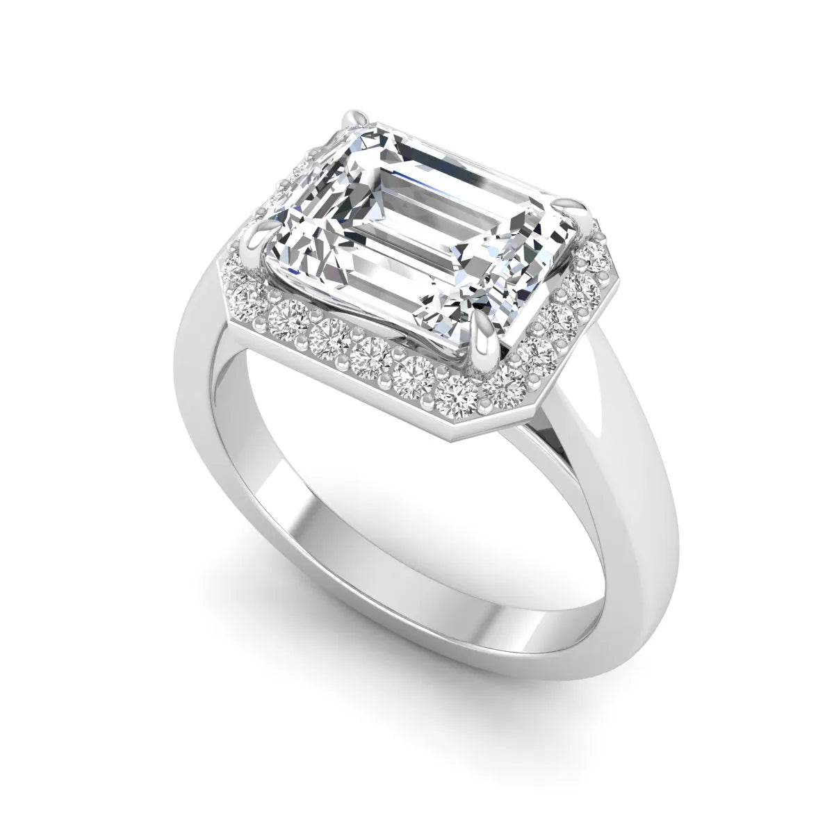 IGI certified emerald cut lab grown diamond halo engagement ring with round diamond halo in white gold.