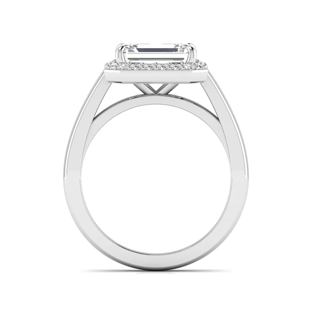 IGI certified emerald cut lab grown diamond halo engagement ring with round diamond halo in white gold.