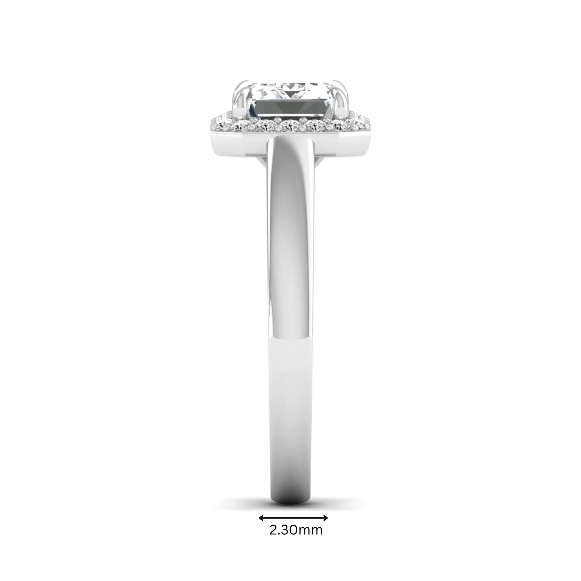 IGI certified emerald cut lab grown diamond halo engagement ring with round diamond halo in white gold.