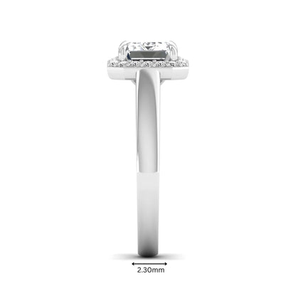 IGI certified emerald cut lab grown diamond halo engagement ring with round diamond halo in white gold.