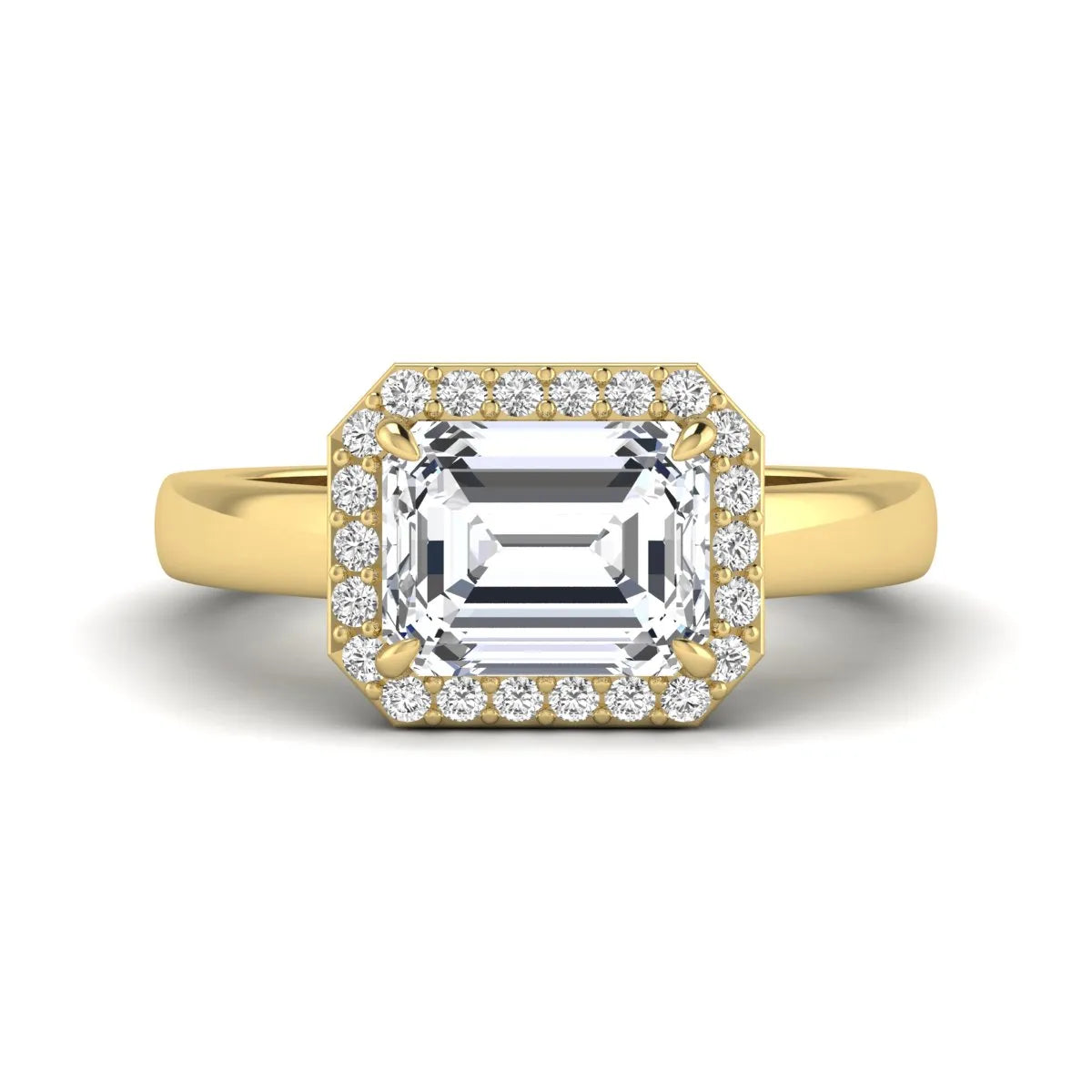 IGI certified emerald cut lab grown diamond halo engagement ring with round diamond halo in yellow gold.