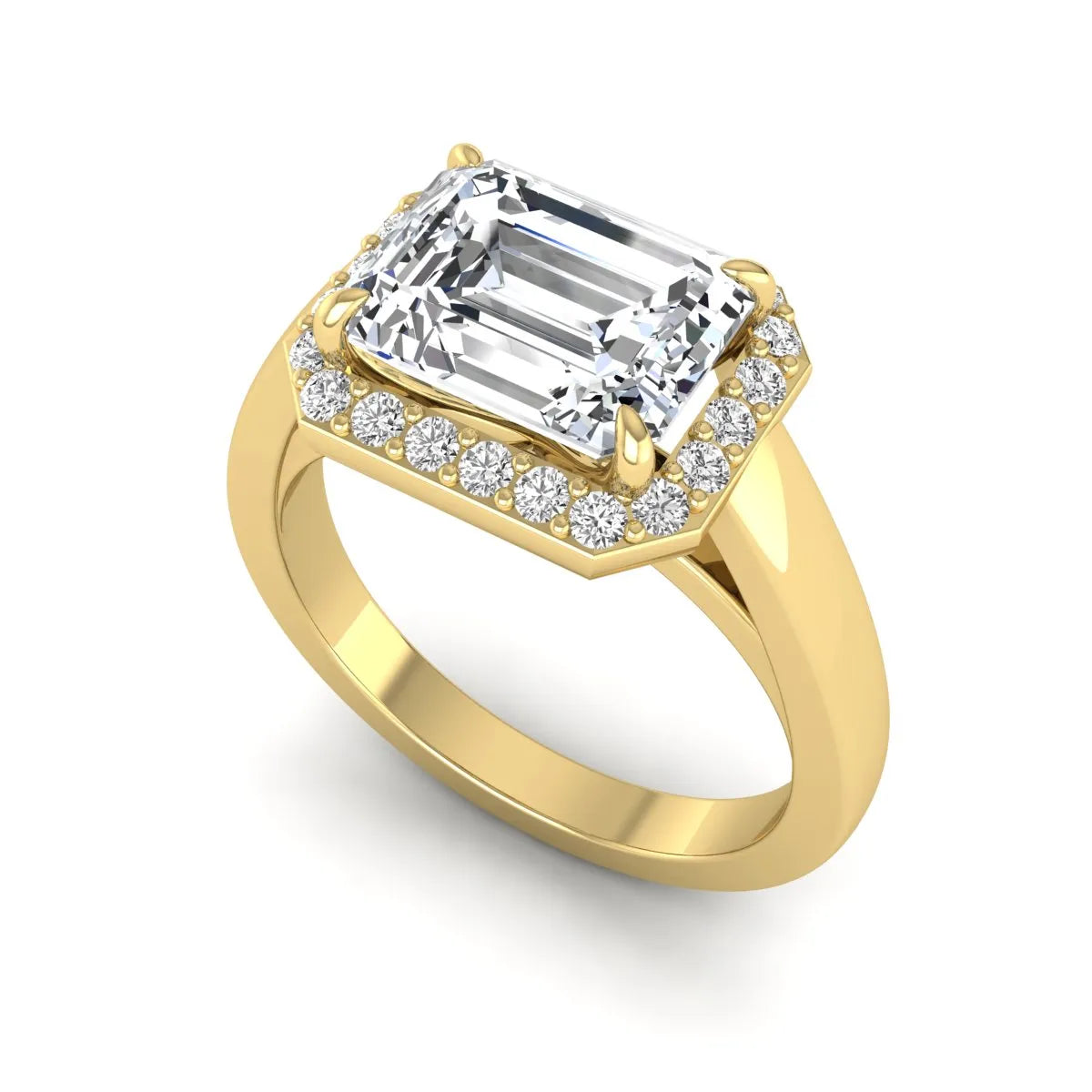 IGI certified emerald cut lab grown diamond halo engagement ring with round diamond halo in yellow gold.