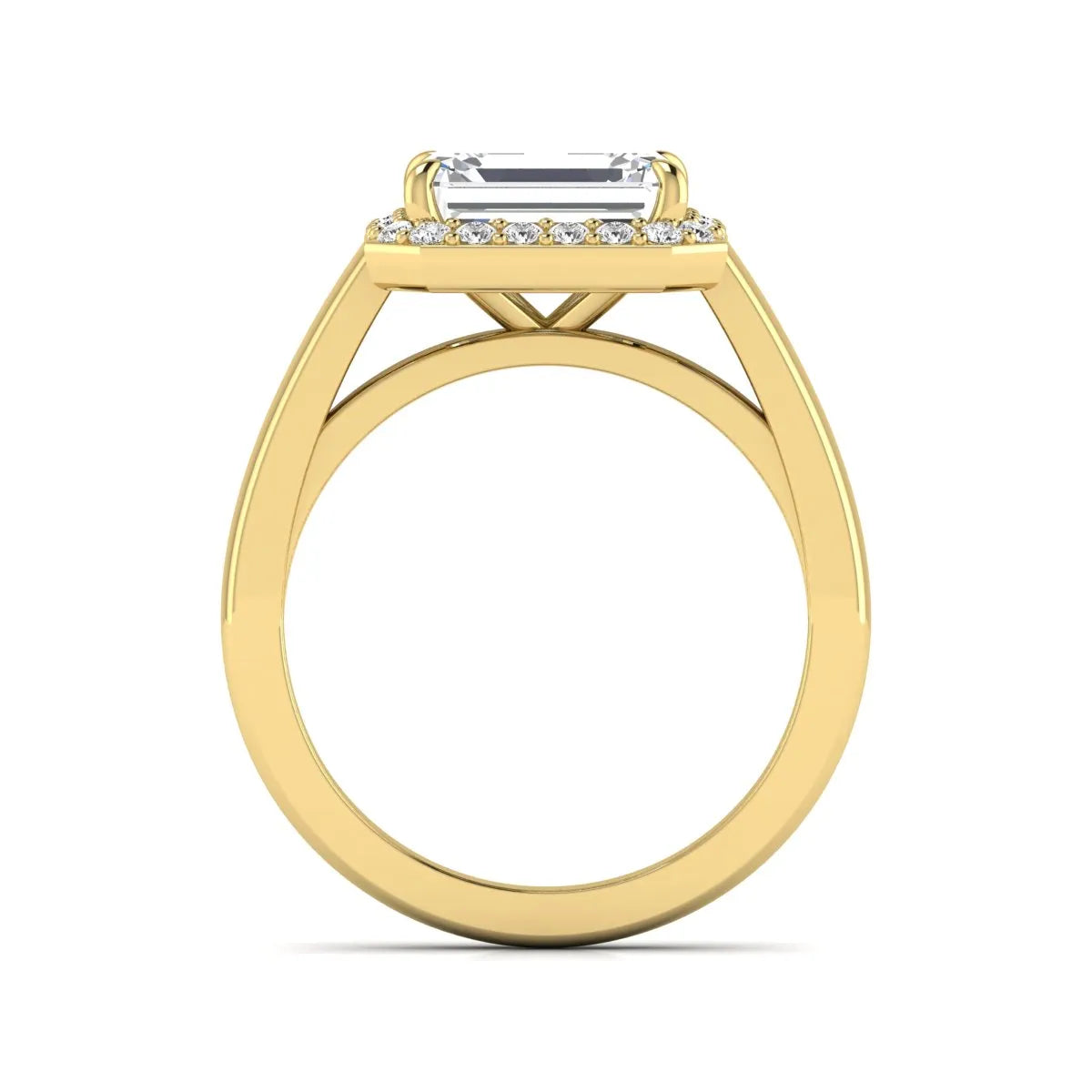 IGI certified emerald cut lab grown diamond halo engagement ring with round diamond halo in yellow gold.
