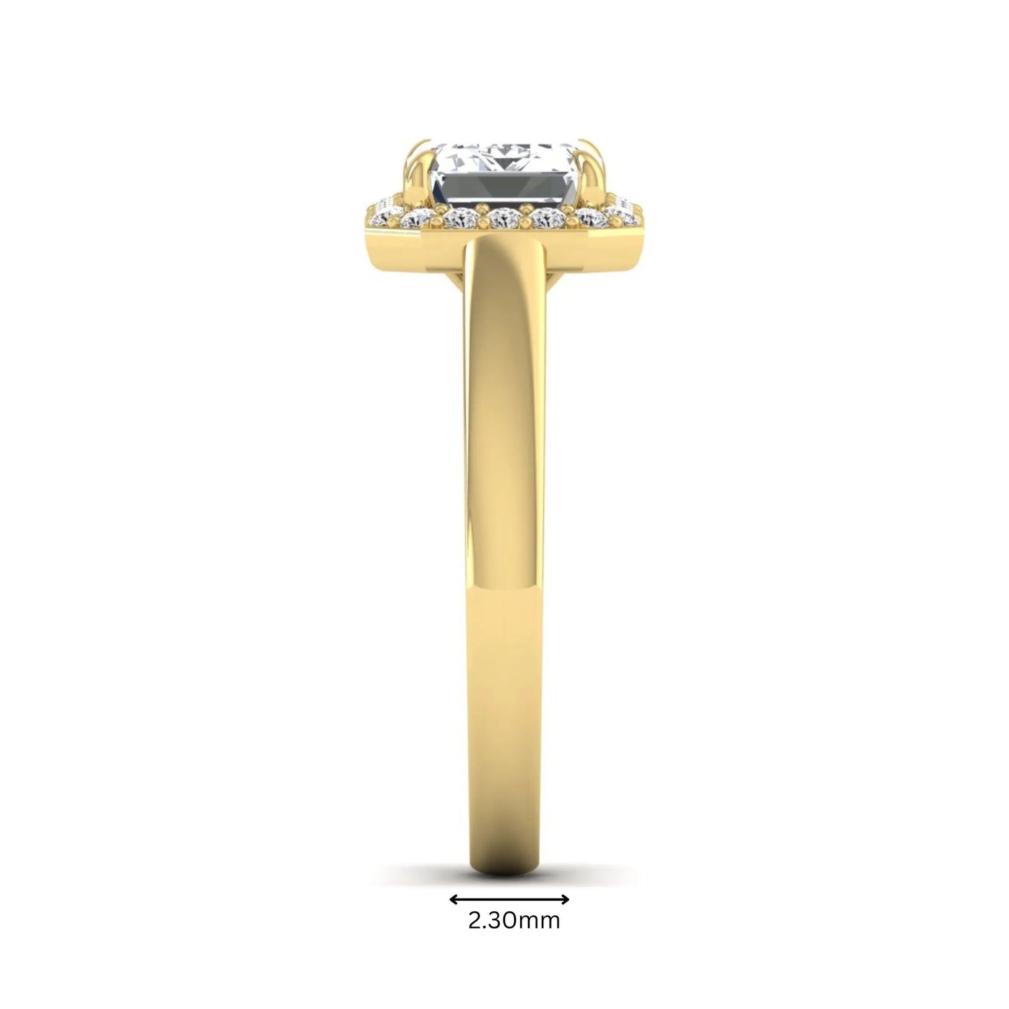 IGI certified emerald cut lab grown diamond halo engagement ring with round diamond halo in yellow gold.