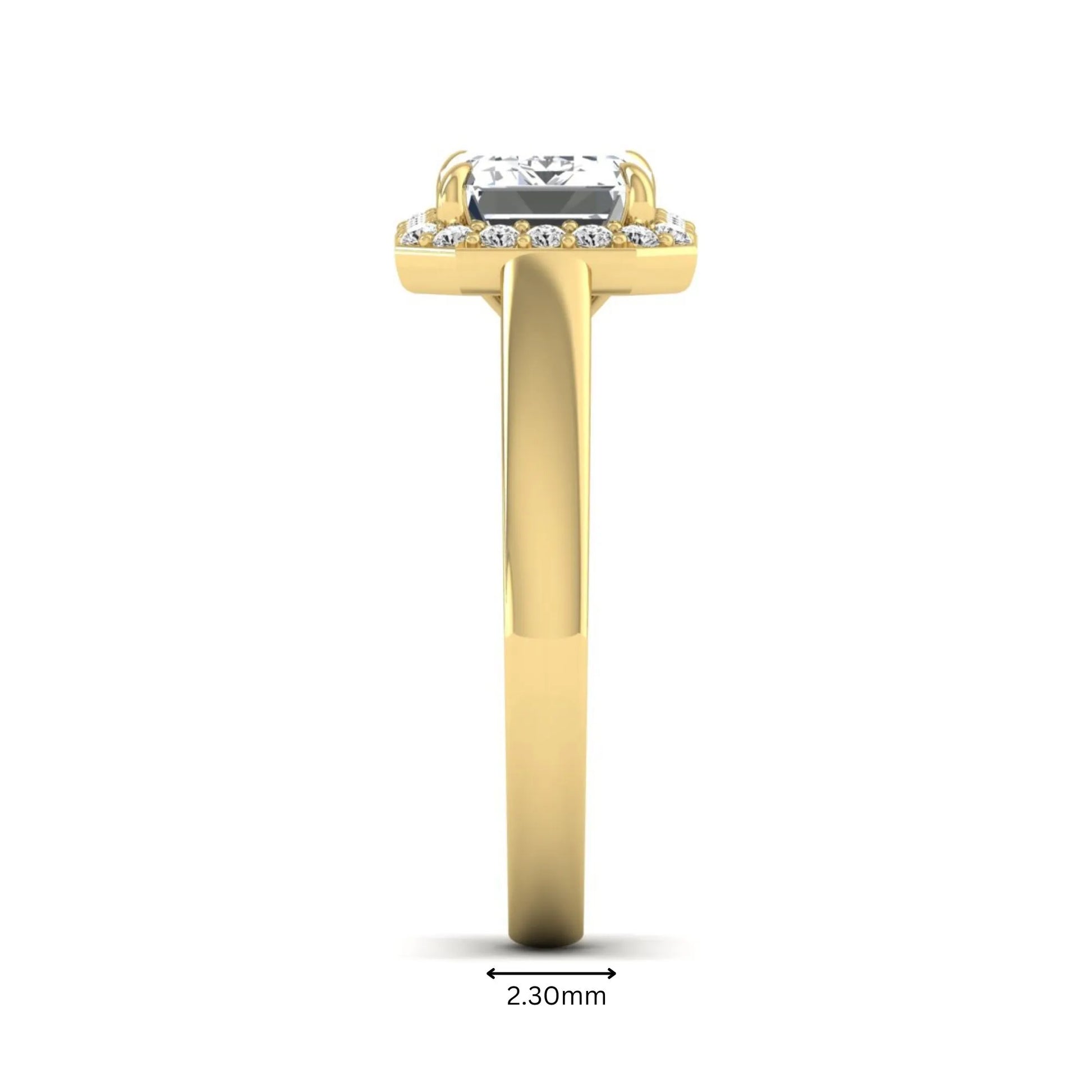 IGI certified emerald cut lab grown diamond halo engagement ring with round diamond halo in yellow gold.