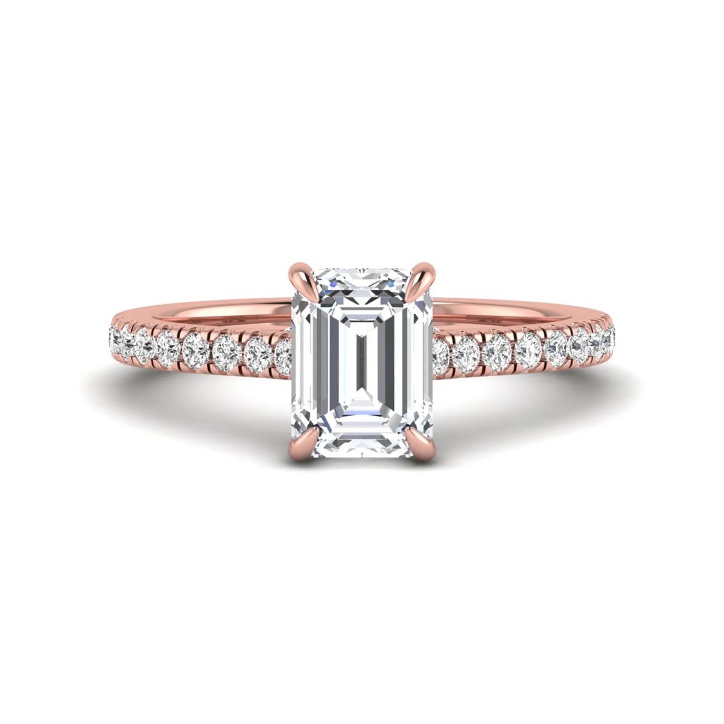 IGI certified emerald cut lab grown diamond hidden halo engagement ring with pavé round diamond band in rose gold.
