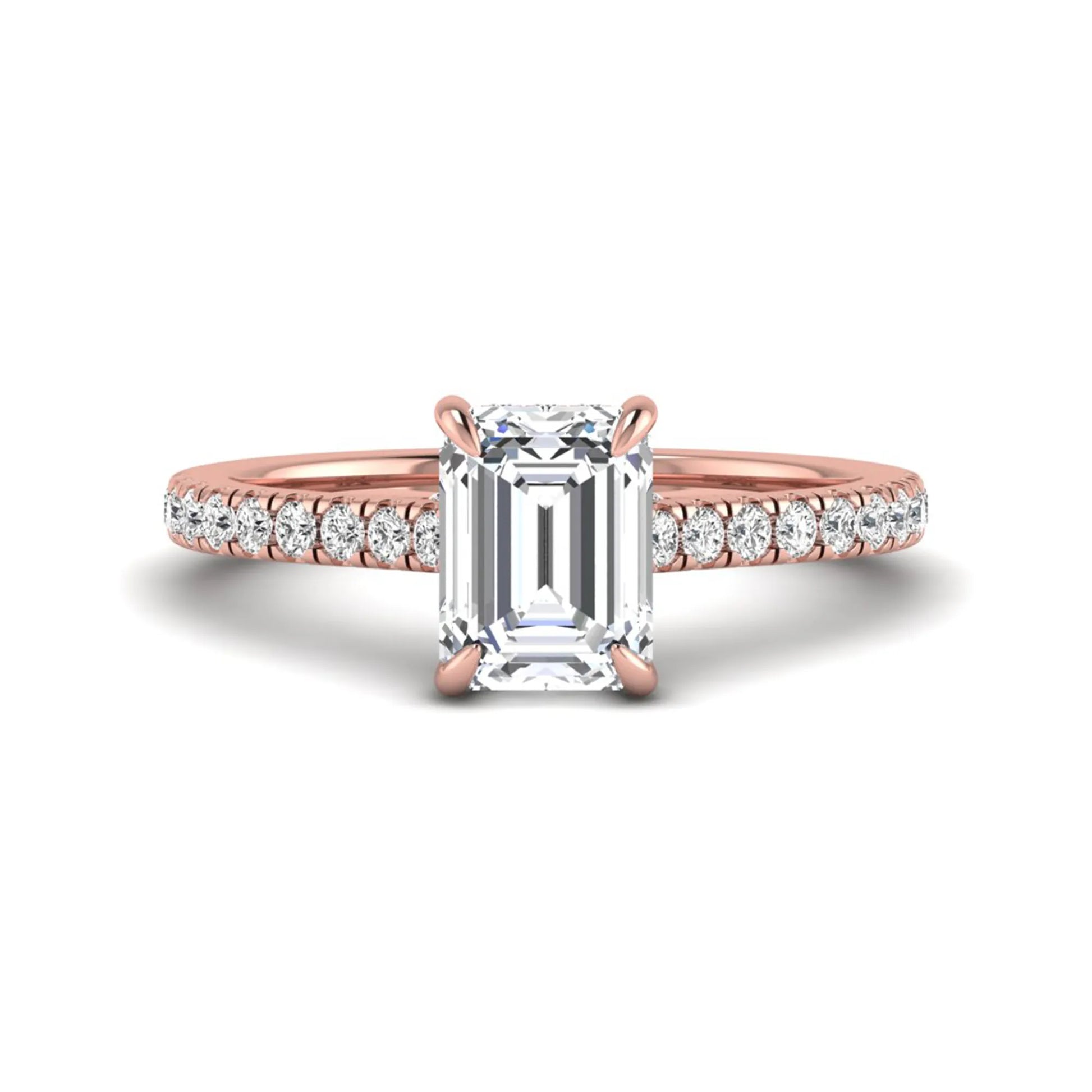 IGI certified emerald cut lab grown diamond hidden halo engagement ring with pavé round diamond band in rose gold.