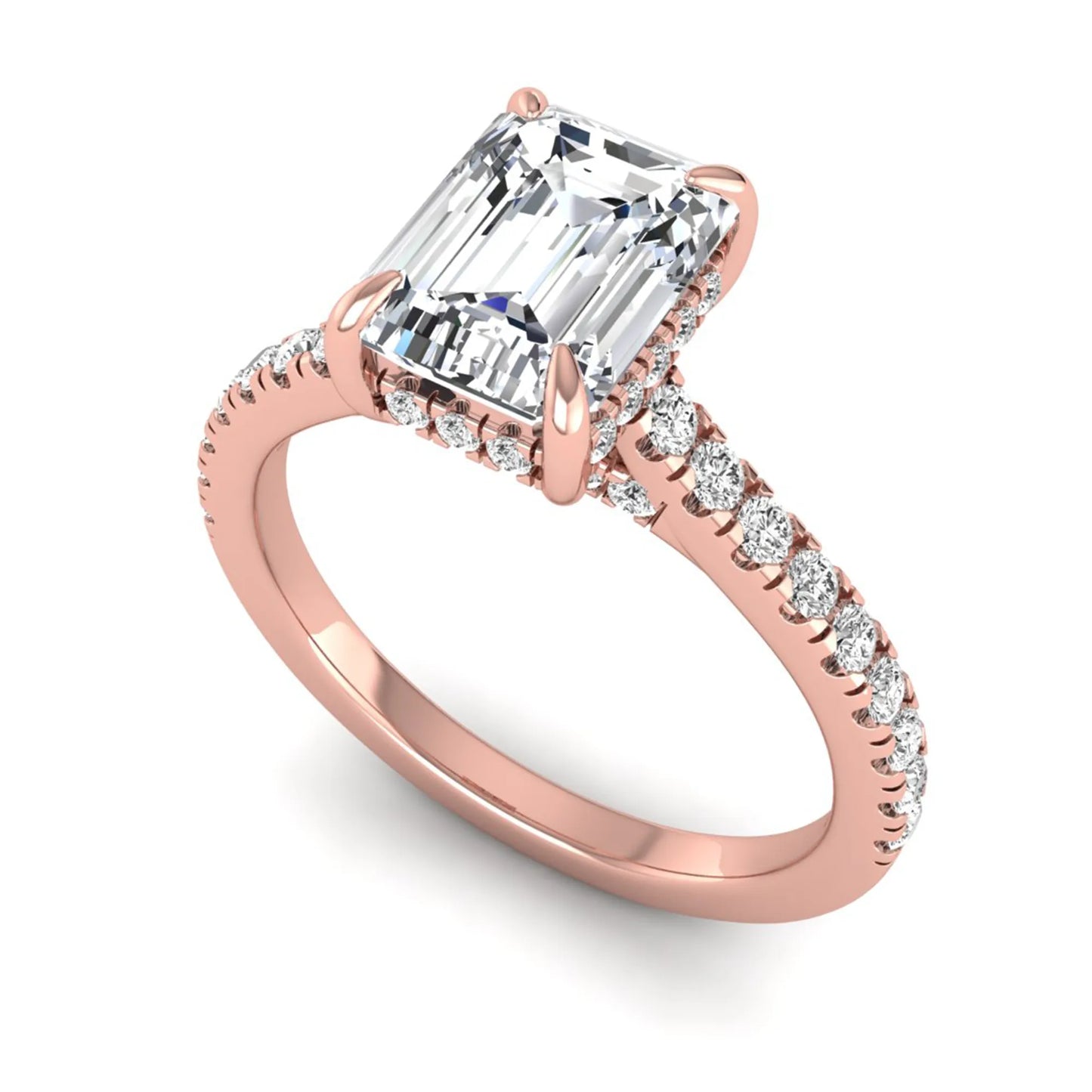 IGI certified emerald cut lab grown diamond hidden halo engagement ring with pavé round diamond band in rose gold.