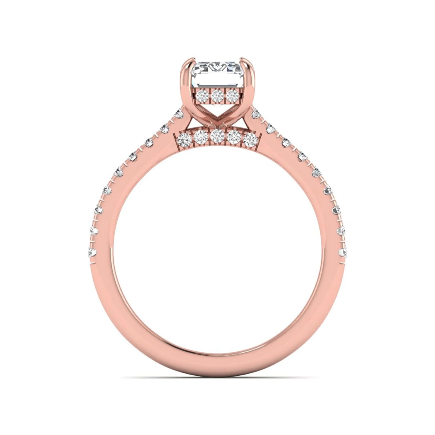 IGI certified emerald cut lab grown diamond hidden halo engagement ring with pavé round diamond band in rose gold.