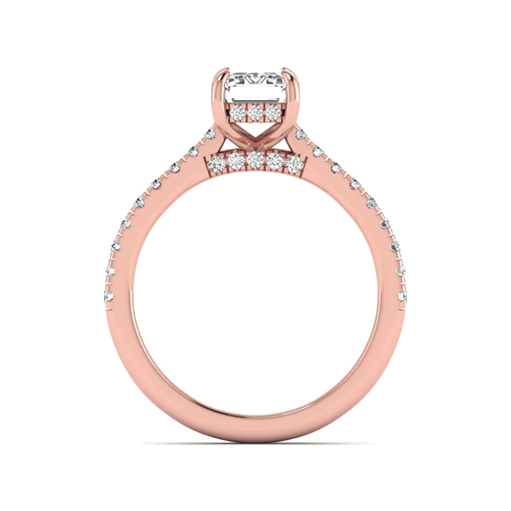 IGI certified emerald cut lab grown diamond hidden halo engagement ring with pavé round diamond band in rose gold.