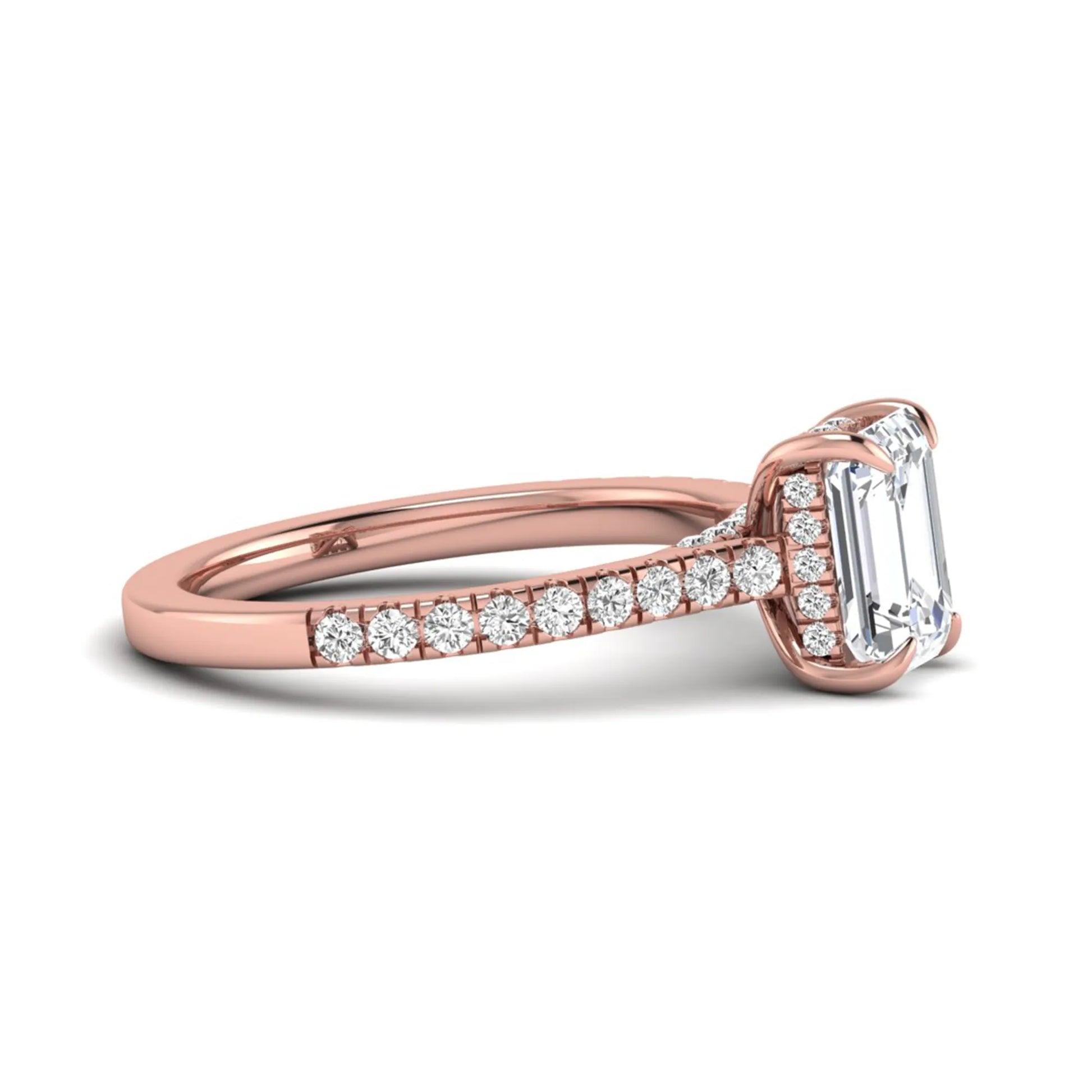 IGI certified emerald cut lab grown diamond hidden halo engagement ring with pavé round diamond band in rose gold.