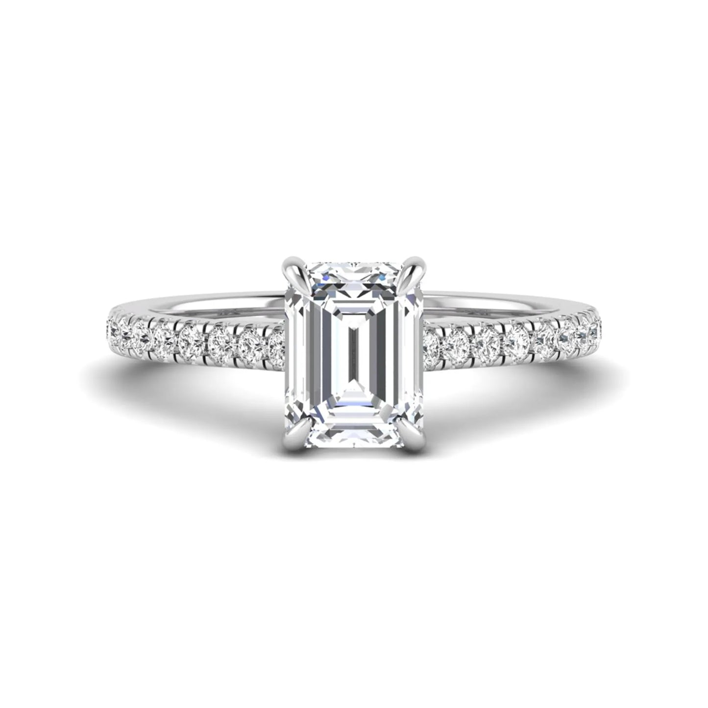 IGI certified emerald cut lab grown diamond hidden halo engagement ring with pavé round diamond band in white gold.
