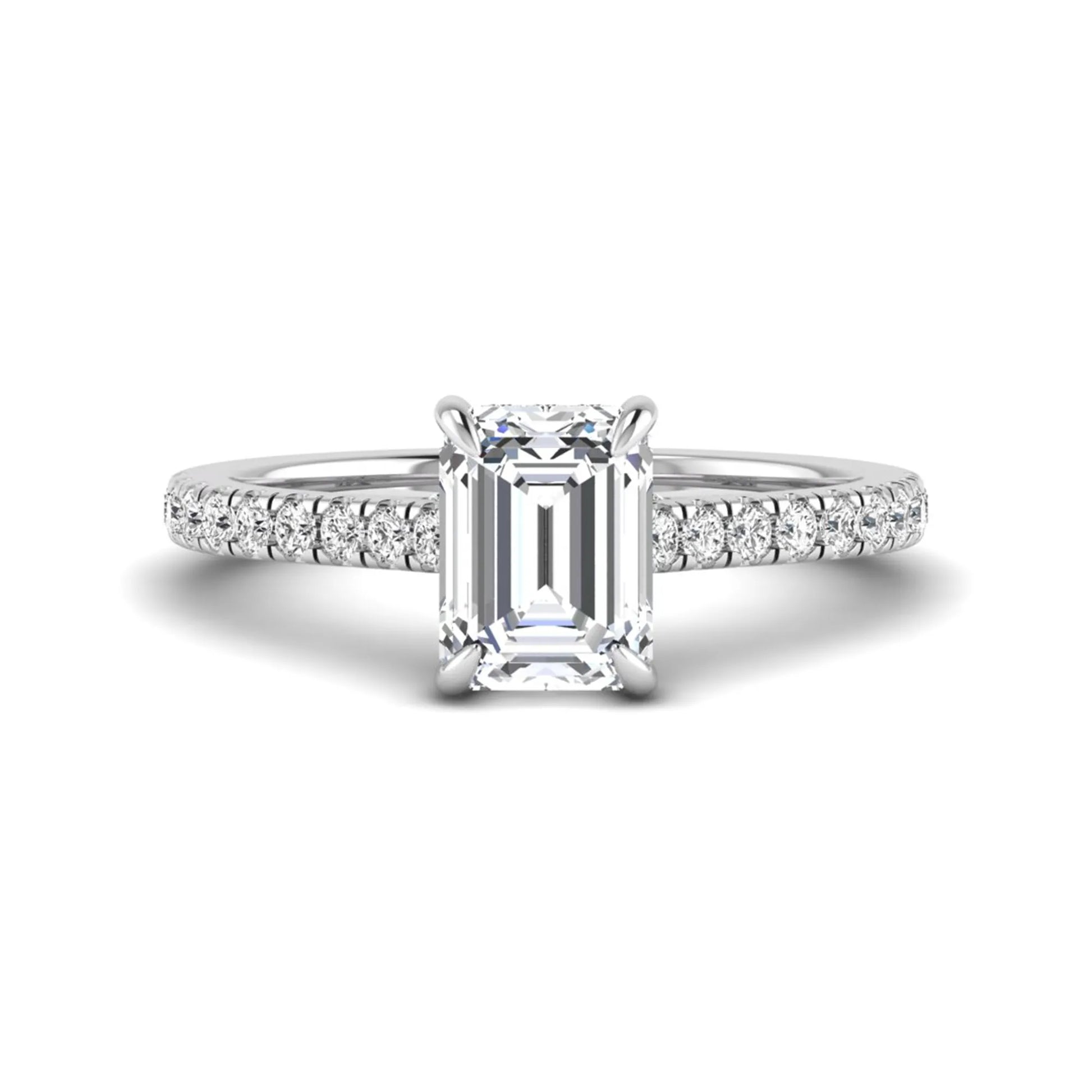 IGI certified emerald cut lab grown diamond hidden halo engagement ring with pavé round diamond band in white gold.
