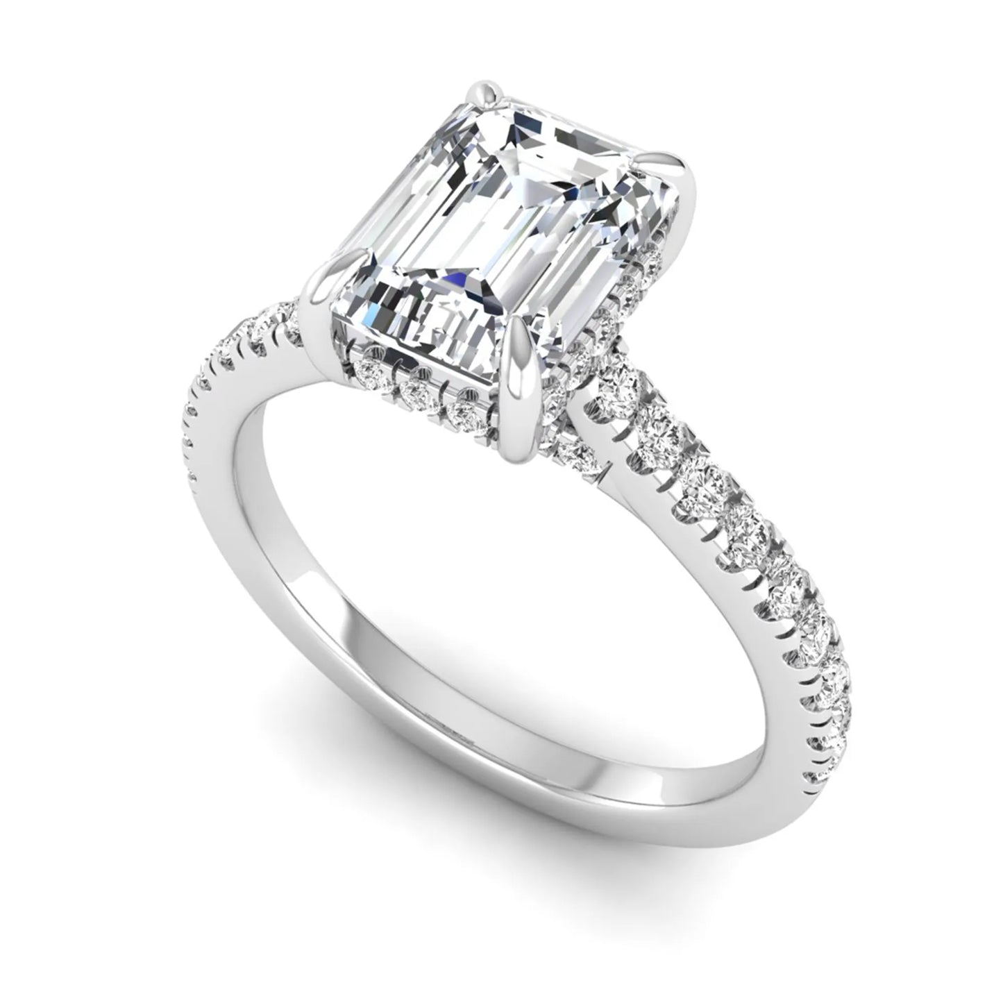 IGI certified emerald cut lab grown diamond hidden halo engagement ring with pavé round diamond band in white gold.