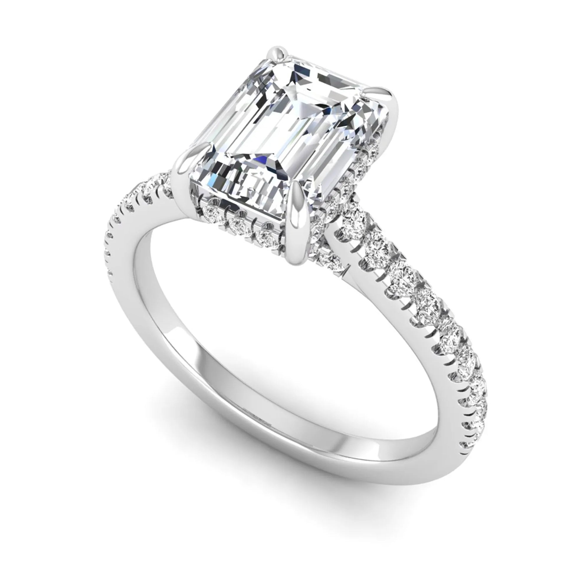 IGI certified emerald cut lab grown diamond hidden halo engagement ring with pavé round diamond band in white gold.