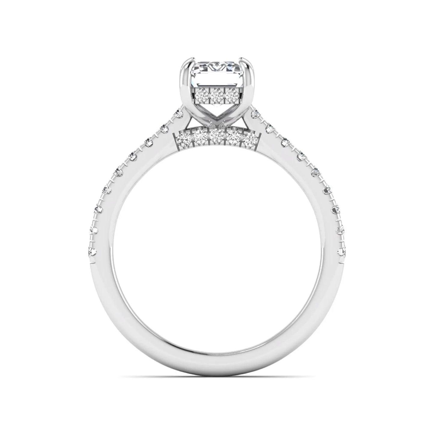 IGI certified emerald cut lab grown diamond hidden halo engagement ring with pavé round diamond band in white gold.