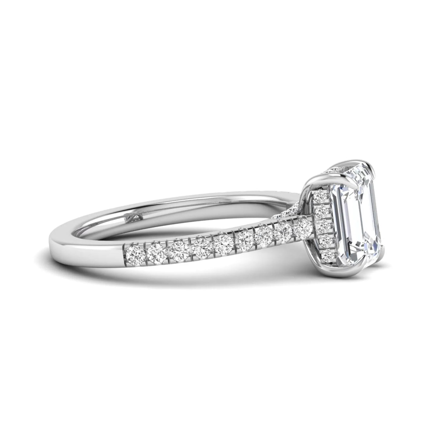 IGI certified emerald cut lab grown diamond hidden halo engagement ring with pavé round diamond band in white gold.