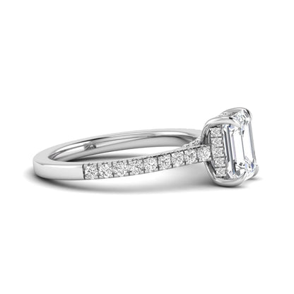 IGI certified emerald cut lab grown diamond hidden halo engagement ring with pavé round diamond band in white gold.