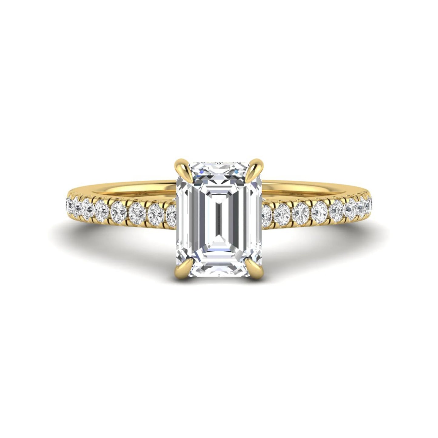 IGI certified emerald cut lab grown diamond hidden halo engagement ring with pavé round diamond band in yellow gold.