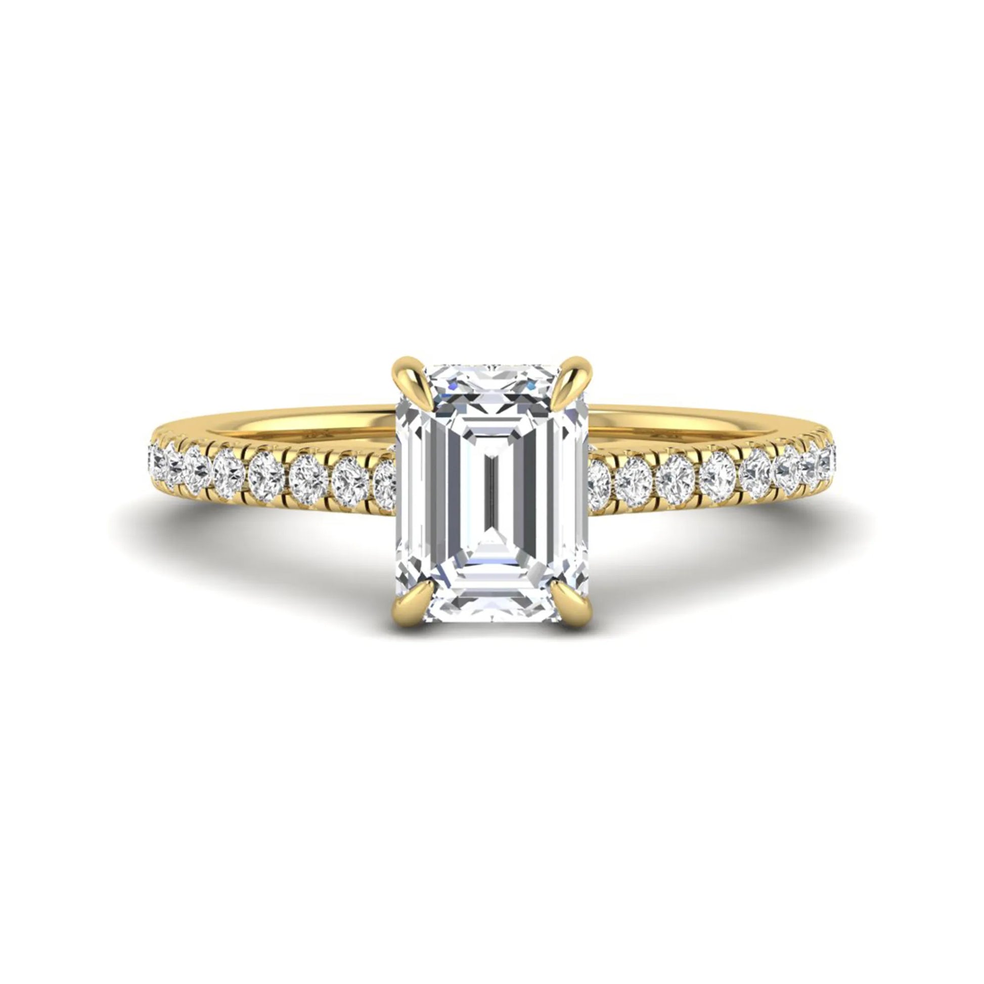 IGI certified emerald cut lab grown diamond hidden halo engagement ring with pavé round diamond band in yellow gold.