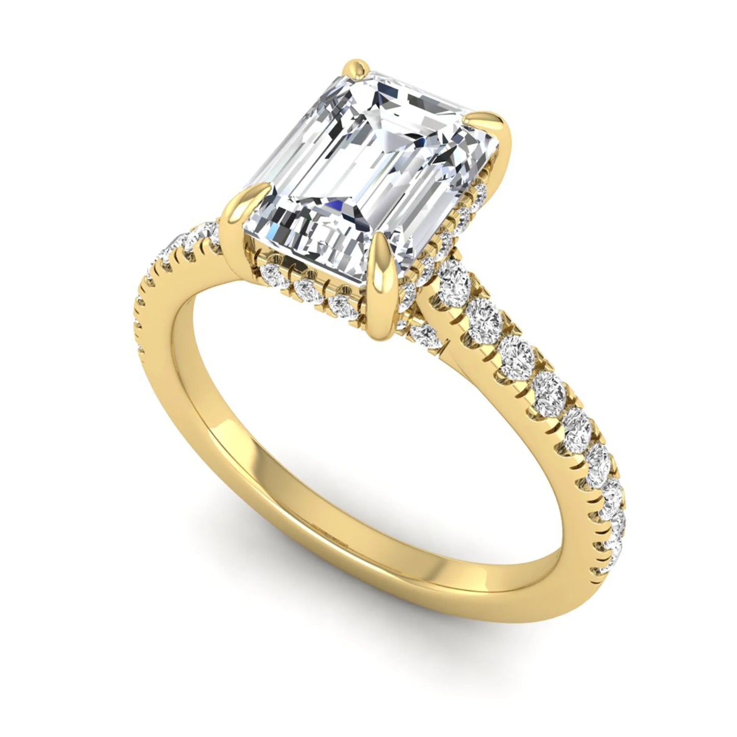 IGI certified emerald cut lab grown diamond hidden halo engagement ring with pavé round diamond band in yellow gold.