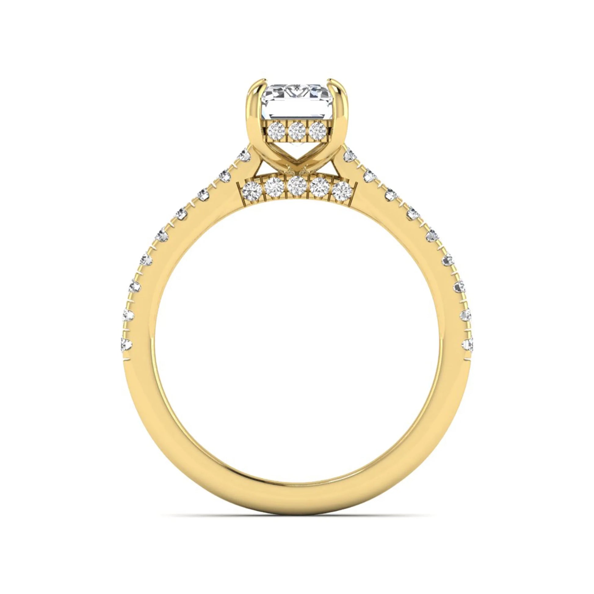 IGI certified emerald cut lab grown diamond hidden halo engagement ring with pavé round diamond band in yellow gold.
