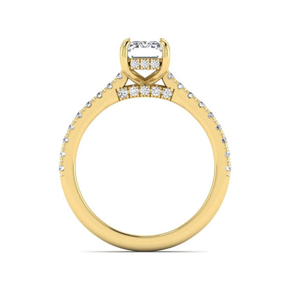 IGI certified emerald cut lab grown diamond hidden halo engagement ring with pavé round diamond band in yellow gold.