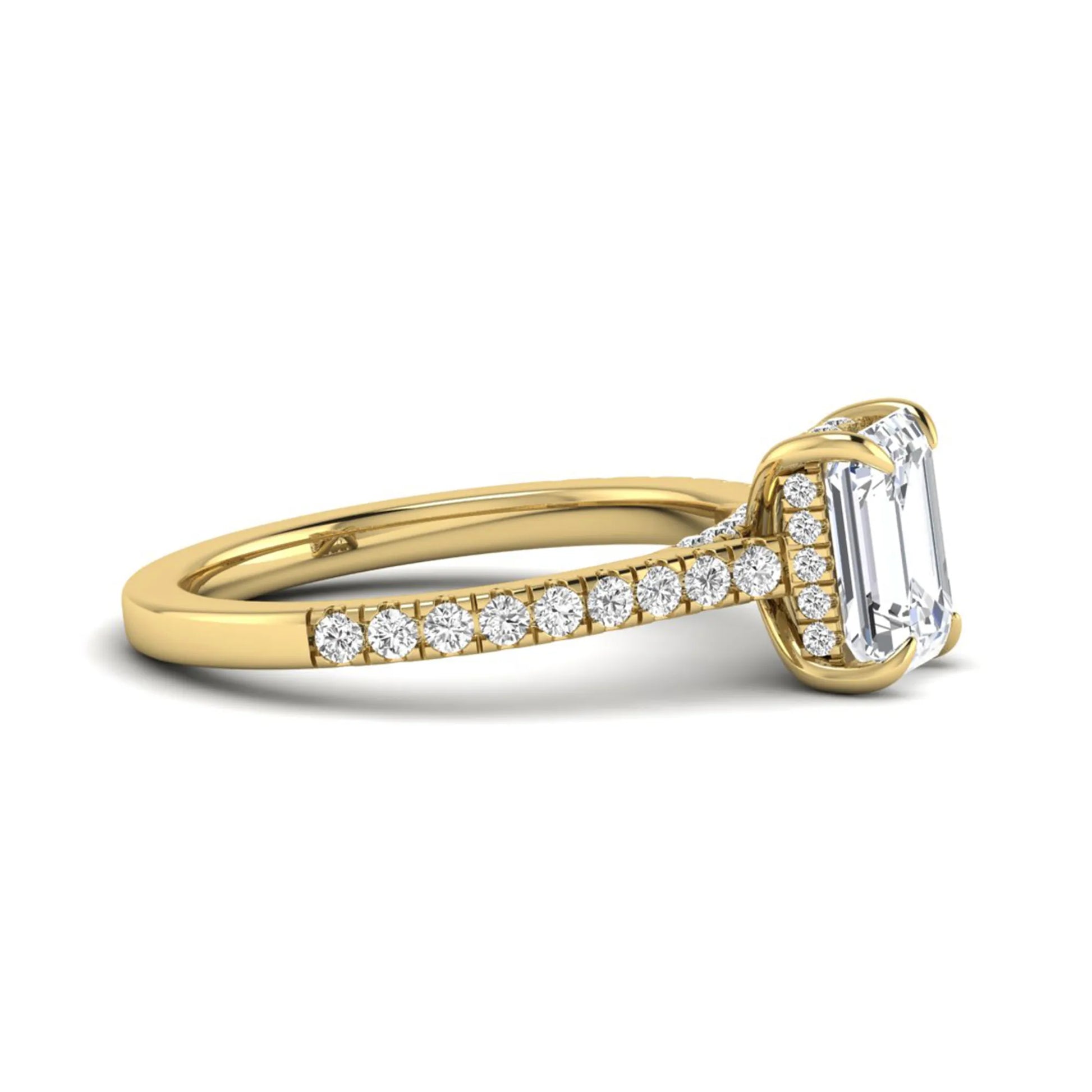 IGI certified emerald cut lab grown diamond hidden halo engagement ring with pavé round diamond band in yellow gold.