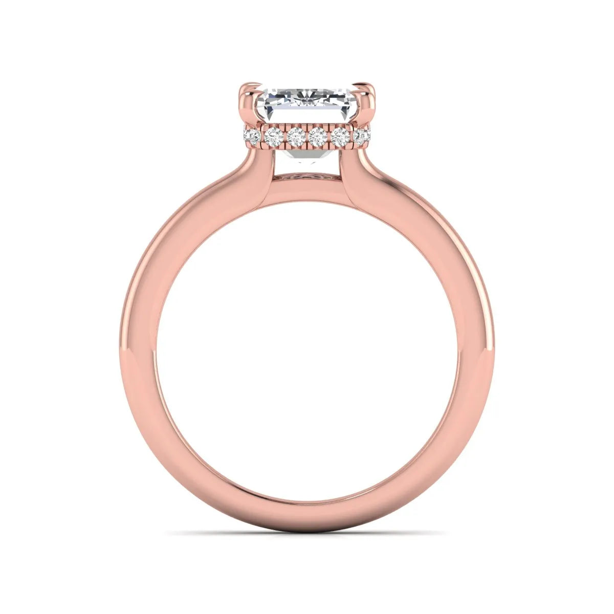 Emerald cut lab grown diamond hidden halo solitaire engagement ring in rose gold featuring a 3.01 carat IGI certified center diamond.