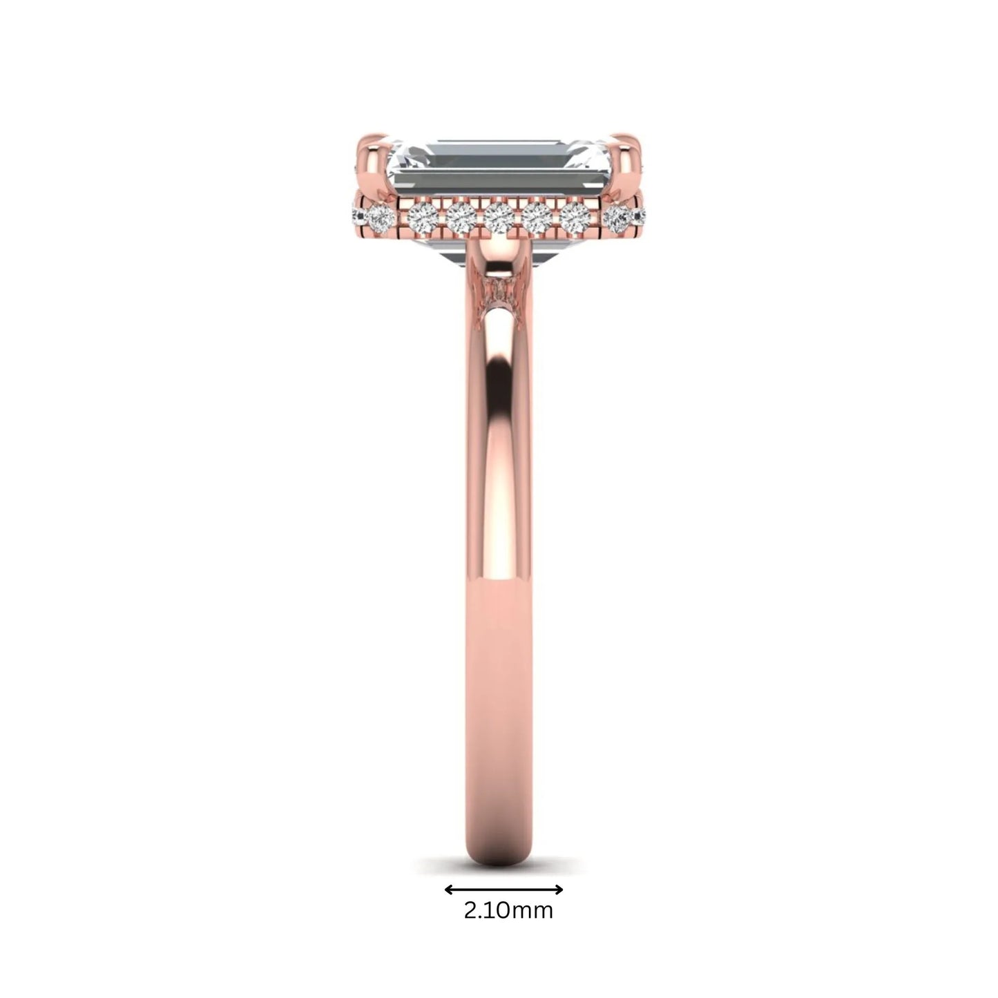 Emerald cut lab grown diamond hidden halo solitaire engagement ring in rose gold featuring a 3.01 carat IGI certified center diamond.