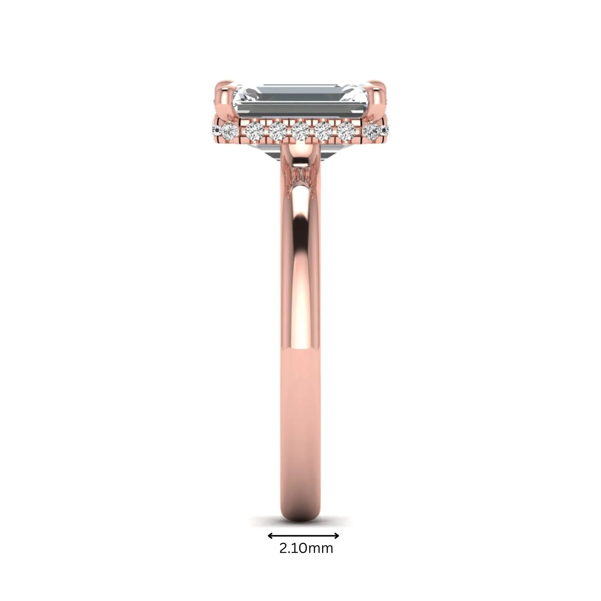 Emerald cut lab grown diamond hidden halo solitaire engagement ring in rose gold featuring a 3.01 carat IGI certified center diamond.