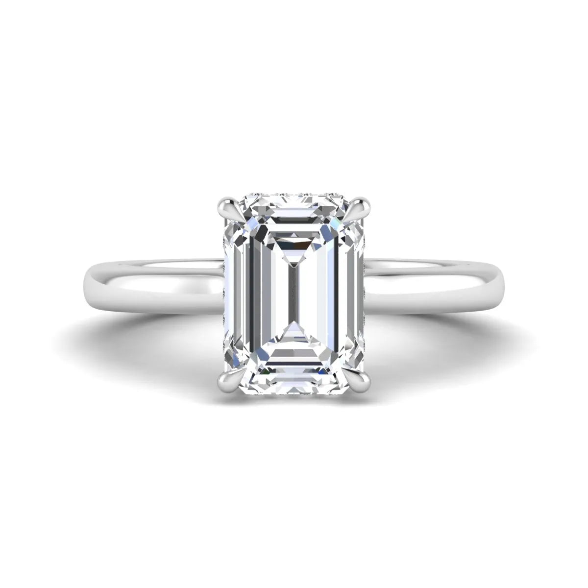 Emerald cut lab grown diamond hidden halo solitaire engagement ring in white gold featuring a 3.01 carat IGI certified center diamond.
