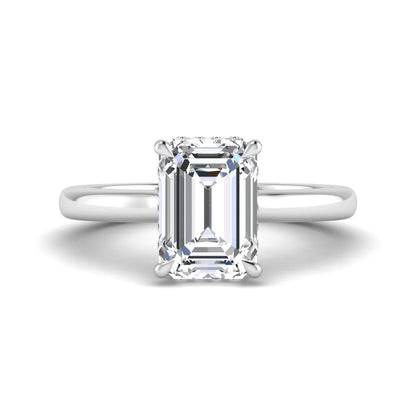 Emerald cut lab grown diamond hidden halo solitaire engagement ring in white gold featuring a 3.01 carat IGI certified center diamond.