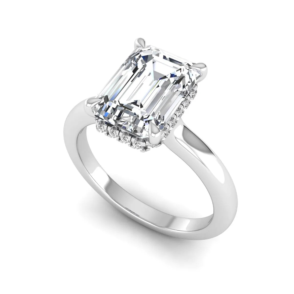 Emerald cut lab grown diamond hidden halo solitaire engagement ring in white gold featuring a 3.01 carat IGI certified center diamond.