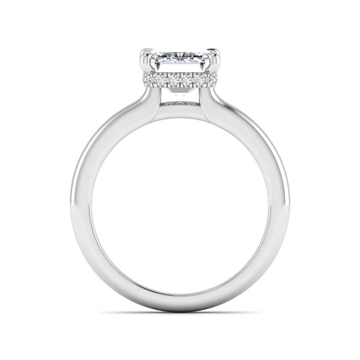 Emerald cut lab grown diamond hidden halo solitaire engagement ring in white gold featuring a 3.01 carat IGI certified center diamond.