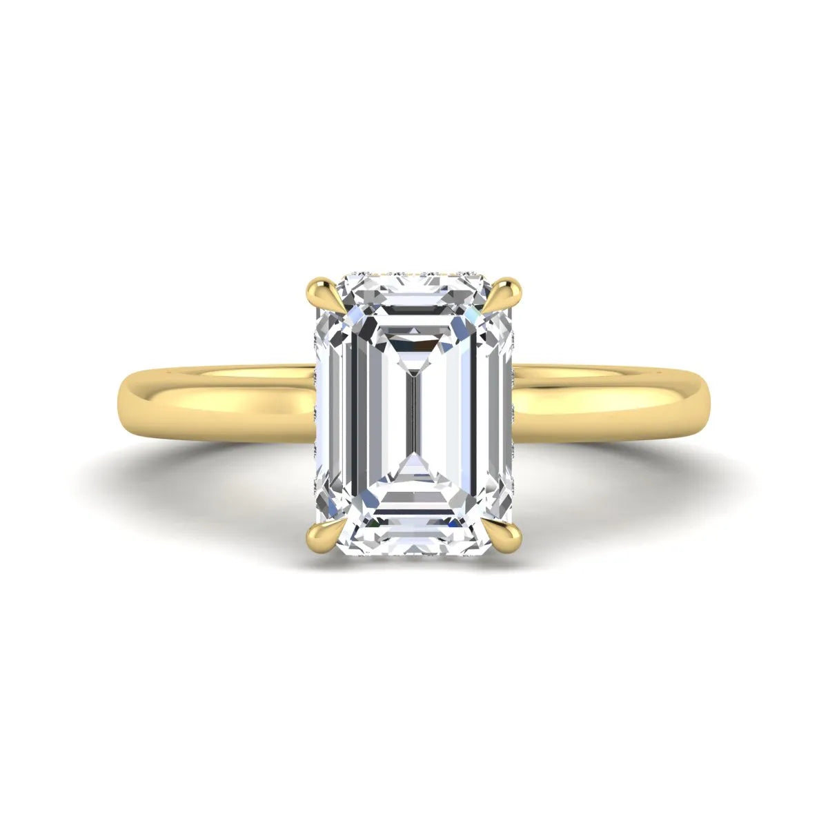 Emerald cut lab grown diamond hidden halo solitaire engagement ring in yellow gold featuring a 3.01 carat IGI certified center diamond.