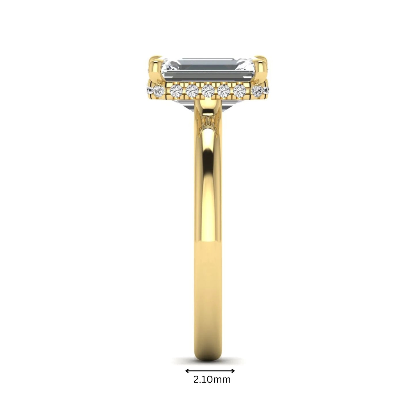 Emerald cut lab grown diamond hidden halo solitaire engagement ring in yellow gold featuring a 3.01 carat IGI certified center diamond.