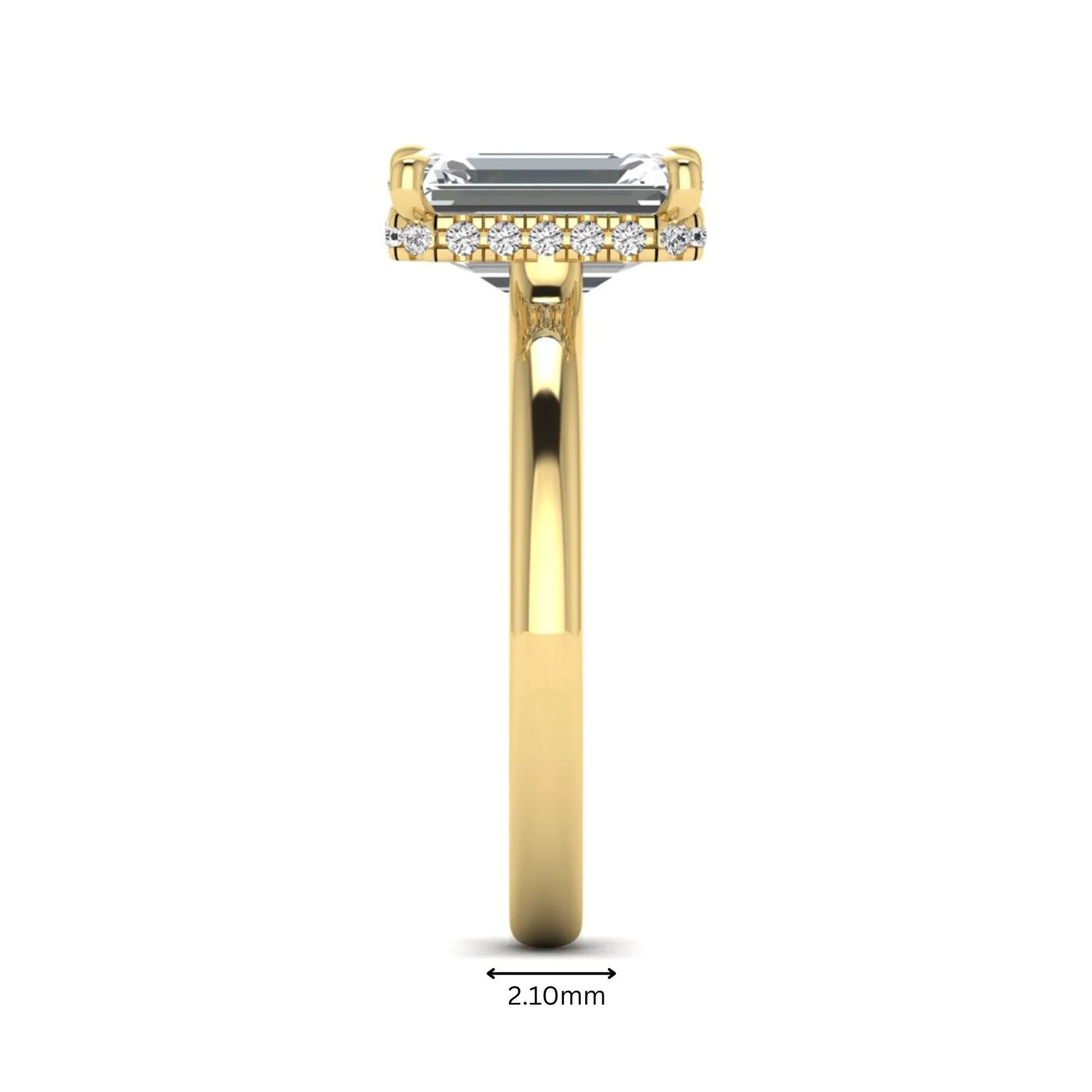 Emerald cut lab grown diamond hidden halo solitaire engagement ring in yellow gold featuring a 3.01 carat IGI certified center diamond.
