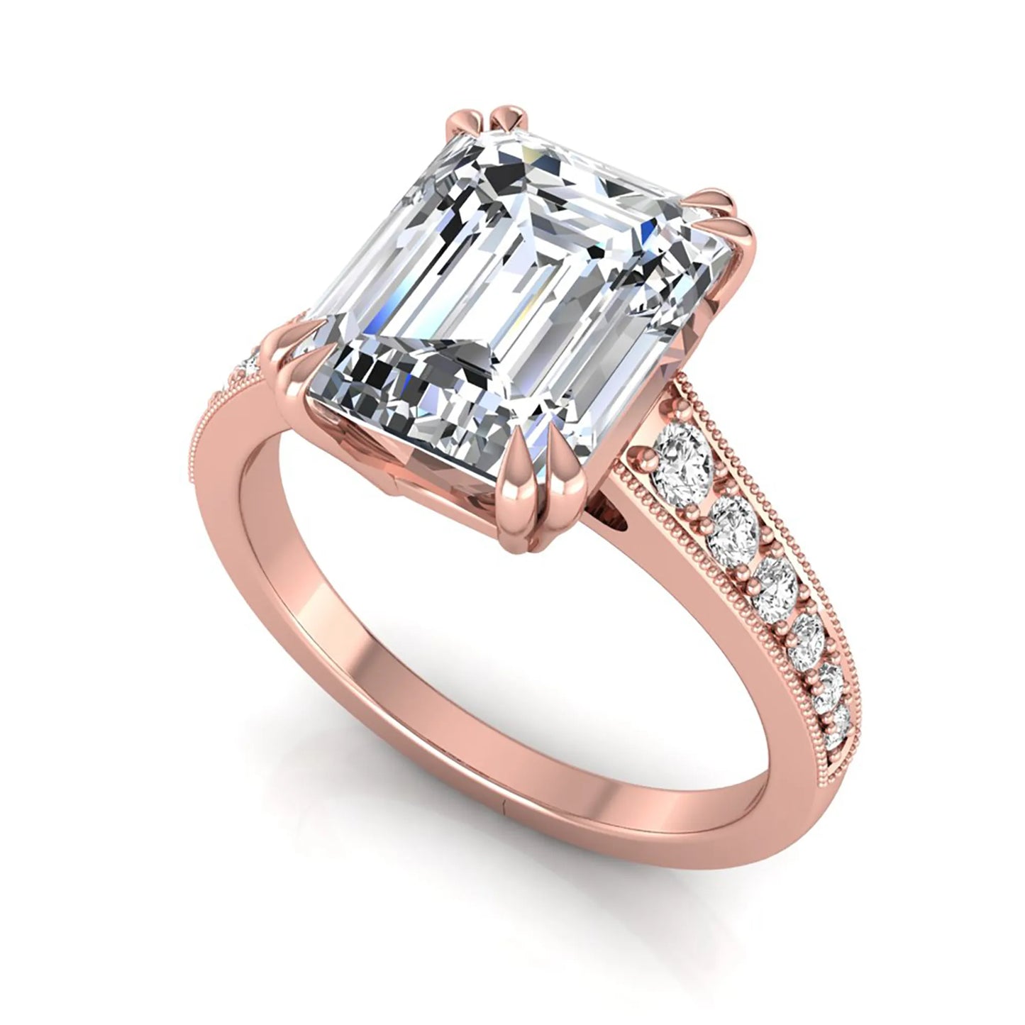 Emerald cut lab grown diamond engagement ring featuring a 3.79 carat IGI certified center diamond with round side diamonds and vintage milgrain detailing in rose gold.